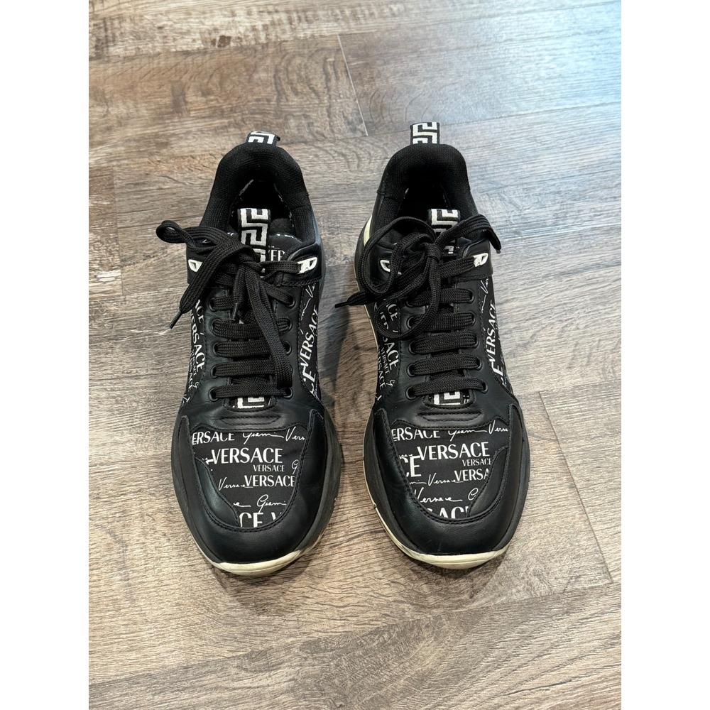 Versace Mens Black Logo Print Leather Low Top Sneakers Medusa Head EU 43
